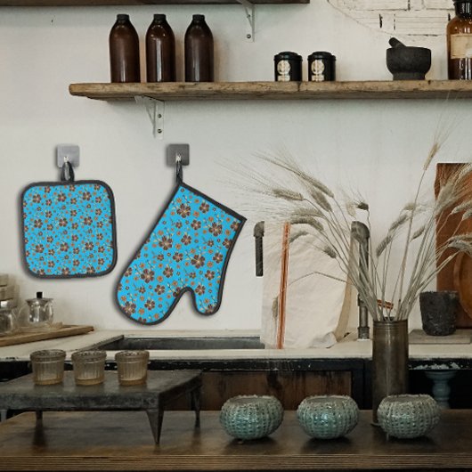 ターコイズ褐色天然花 鍋つかみ&鍋敷きセット