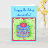 ターコイズ誕生日カードとブルーケーキ カード (黄色い花)