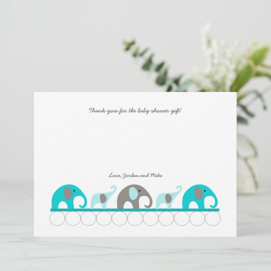 ターコイズ象のベビーシャワーはノート感謝していしています サンキューカード (スタンド正面)
