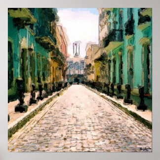 ターコイズ路地 – 水色スケッチ署名済み ポスター