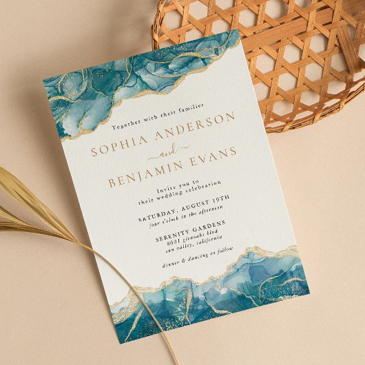 ターコイズ金ゴールドアガモダンテ結婚ート 招待状