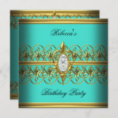 ターコイズ金ゴールドエレガントな誕生日パーティジュエルイメージ 招待状 (正面/裏面)