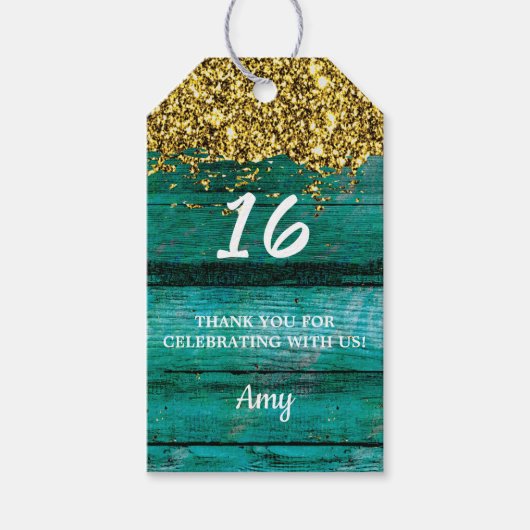 ターコイズ金ゴールドグリッタースパークルガーリー誕生日 ギフトタグ (正面)