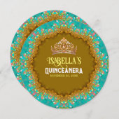 ターコイズ金ゴールドサテンレース&ティアラキンセアニラ 招待状 (正面/裏面)