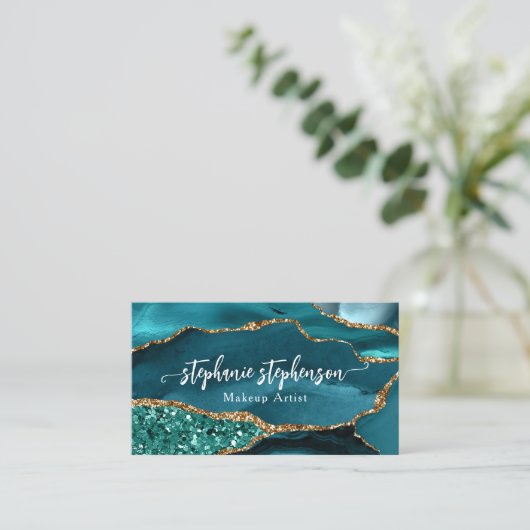 ターコイズ金ゴールドティール(緑がかった色)グリッターアゲーユニークトはっきりしたグラム 名刺 (スタンド正面)