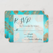 ターコイズ金ゴールドトロピカル離れウェディングRSVP エンクロージャーカード (正面/裏面)