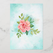 ターコイズ金ゴールドピンクローズフローラボタニッ結婚クス 箔招待状 (裏面)