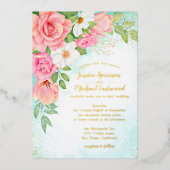 ターコイズ金ゴールドピンクローズブーケ結婚フローラ 箔招待状 (正面)