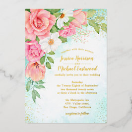 ターコイズ金ゴールドピンクローズブーケ結婚フローラ 箔招待状