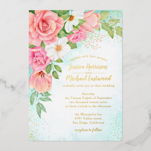 ターコイズ金ゴールドピンクローズブーケ結婚フローラ 箔招待状 (正面)
