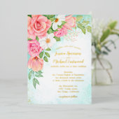 ターコイズ金ゴールドピンクローズブーケ結婚フローラ 箔招待状 (立ち正面)