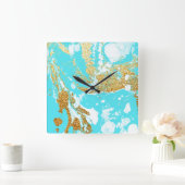 ターコイズ金ゴールドフェイクグリッターエレガント大理石 スクエア壁時計 (ホーム)