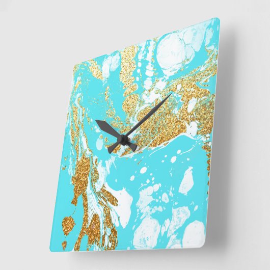 ターコイズ金ゴールドフェイクグリッターエレガント大理石 スクエア壁時計 (傾斜)