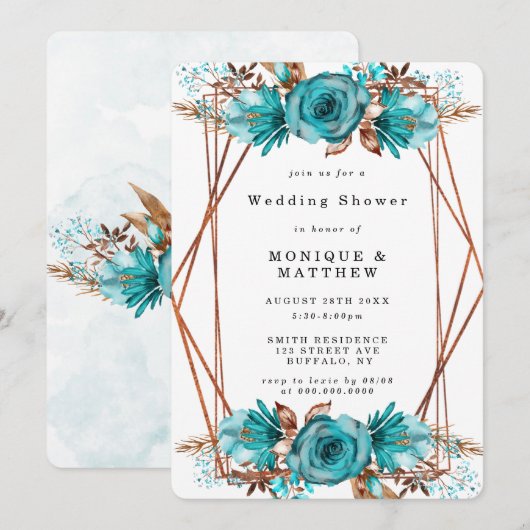ターコイズ金ゴールドフローラフレームウェディングシャワー招待状 (正面/裏面)