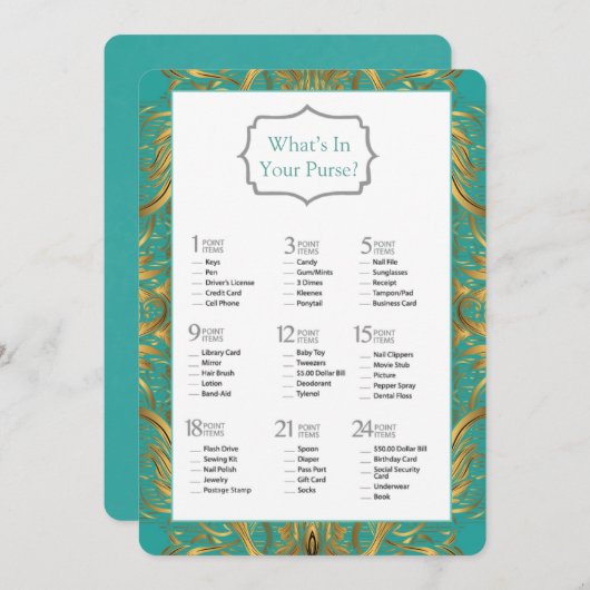 ターコイズ金ゴールドフローリズブライダルシャワーゲーム 招待状 (正面/裏面)