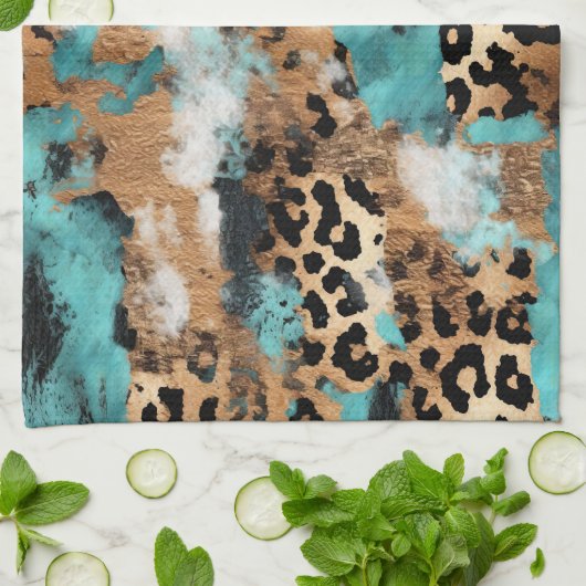 ターコイズ金ゴールドブラックヒョウ キッチンタオル (折り畳み)