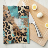 ターコイズ金ゴールドブラックヒョウ キッチンタオル (四つ折り)