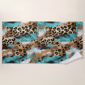 ターコイズ金ゴールドブラックヒョウ ビーチタオル (正面)