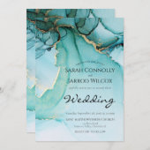 ターコイズ金ゴールドブラックムーディ結婚ーズ 招待状 (正面/裏面)