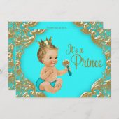 ターコイズ金ゴールドプリンスベビーシャワー 招待状 (正面/裏面)