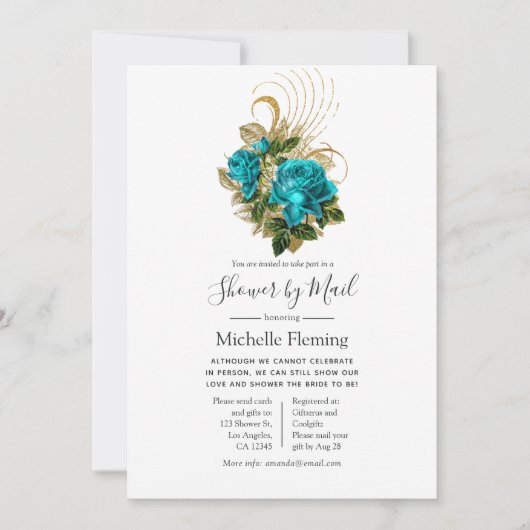 ターコイズ金ゴールドベビー又はブライダルシャワー別郵便 招待状 (正面)