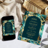 ターコイズ金ゴールドマーブルアーチムスリム結婚ズ 招待状