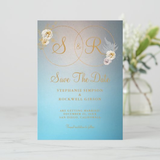 ターコイズ金ゴールドモノグラムネーム結婚イニシャル セーブザデート (スタンド正面)