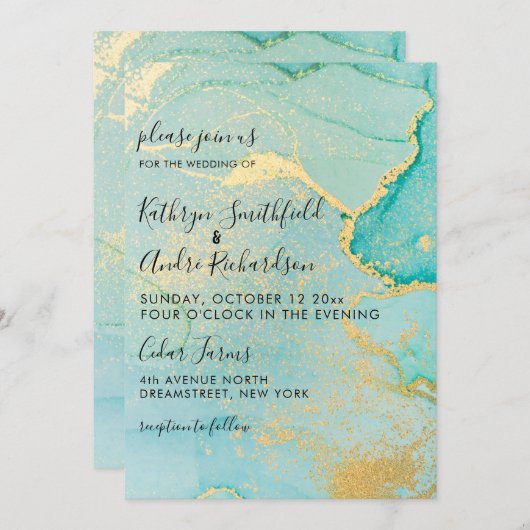 ターコイズ金ゴールドヴィンテージウェディング招待状 招待状 (正面/裏面)