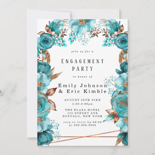 ターコイズ金ゴールド幾何学フローラ婚約パーティ 招待状 (正面)