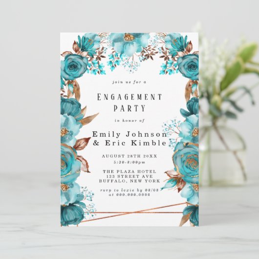 ターコイズ金ゴールド幾何学フローラ婚約パーティ 招待状 (スタンド正面)