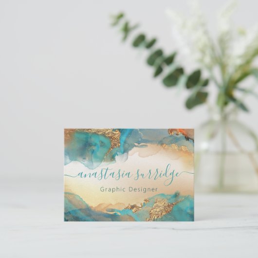 ターコイズ金ゴールド抽象芸術水色 名刺 (スタンド正面)