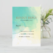 ターコイズ金ゴールド水色RSVP写真結婚のカード 招待状 (スタンド正面)