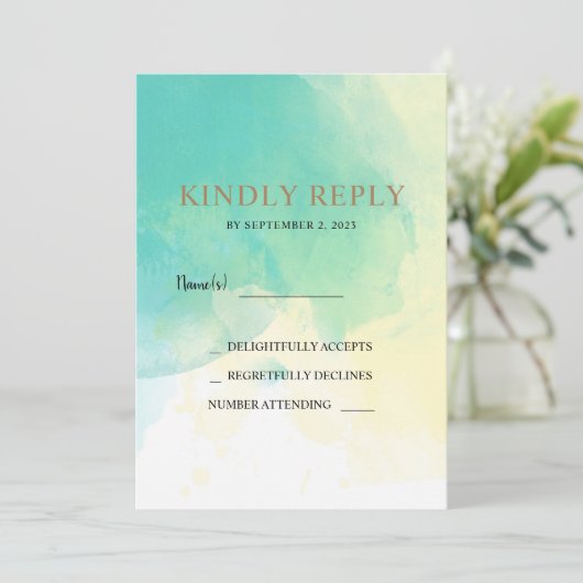 ターコイズ金ゴールド水色RSVP写真結婚のカード 招待状 (スタンド正面)