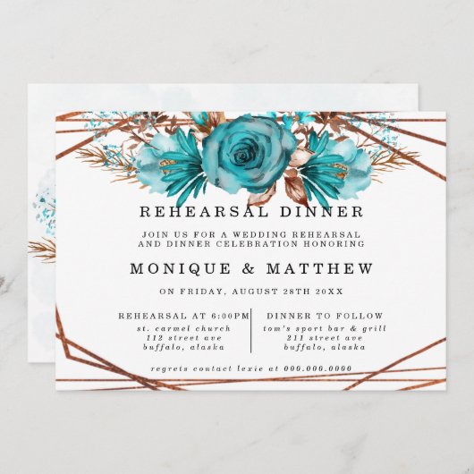 ターコイズ金ゴールド牡丹幾何リハーサルディナー 招待状 (正面/裏面)