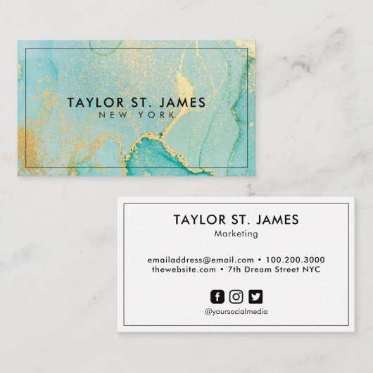 ターコイズ金ゴールド絵画（ばちゃばちゃ）跳ねる水色 名刺 (正面/裏面)