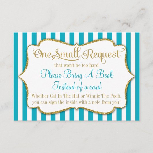 ターコイズ金ゴールド赤ちゃんシャワーブックカード持って来る本 エンクロージャーカード (正面)