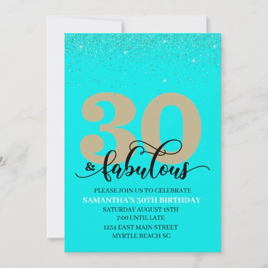 ターコイズ金ゴールド30と素晴らしい誕生日パーティー 招待状 (正面)