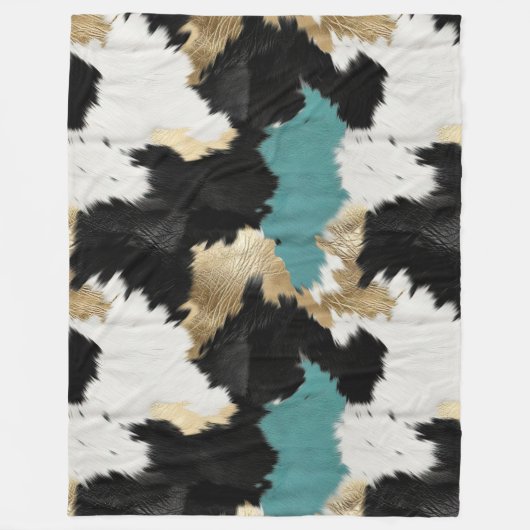 ターコイズ金ゴールド、白黒牛革 フリースブランケット (正面)