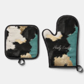 ターコイズ金ゴールド、白黒牛革 鍋つかみ&鍋敷きセット (正面)