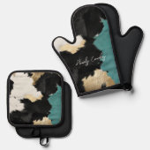 ターコイズ金ゴールド、白黒牛革 鍋つかみ&鍋敷きセット (正面/裏面)
