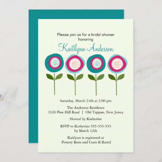 ターコイズ開花ブライダルシャワー招待状 招待状 (正面/裏面)