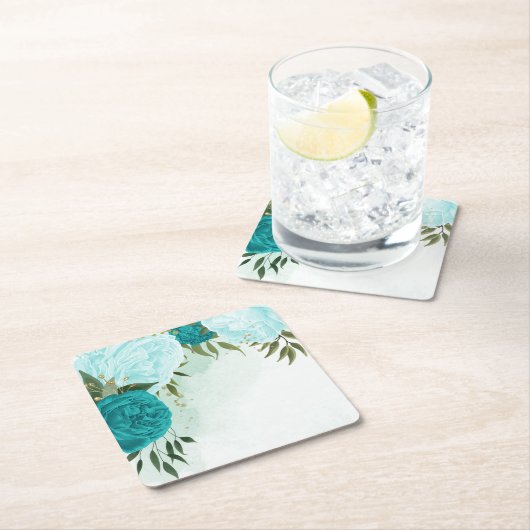 ターコイズ離れ花結婚緑 スクエアペーパーコースター (インサイチュ)