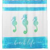ターコイズ青い緑のシーホースビーチライフスクリプト シャワーカーテン (正面)