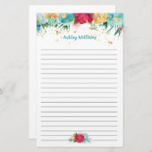 ターコイズ青とピンクのフローラ線 便箋 (正面/裏面)