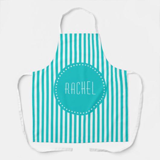 ターコイズ青と白のストライプ エプロン (正面)