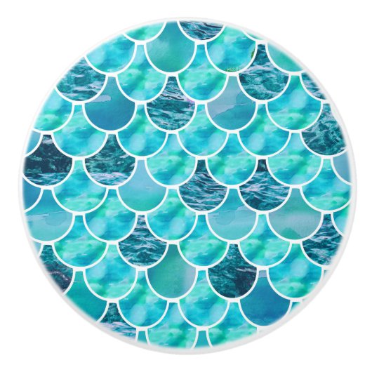 ターコイズ青と白の人魚はかりで測 セラミックノブ (正面)