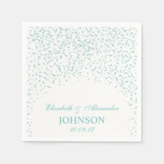 ターコイズ青と白結婚の紙吹雪パターン スタンダードカクテルナプキン (正面)