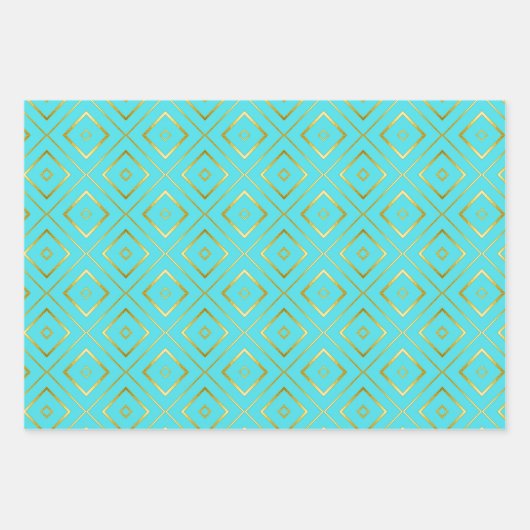 ターコイズ青エレガント金ゴールドストライプの ラッピングペーパーシート (正面3)