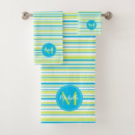 ターコイズ青ライムグリーンストライプ名モノグラム バスタオルセット