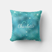 ターコイズ青色海金属グリッターモノグラム クッション (正面)